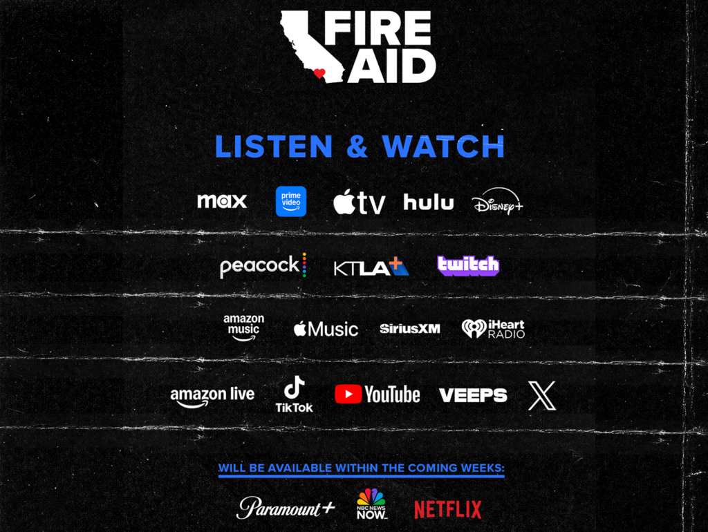 Assortment of application logos to watch the FireAid concert